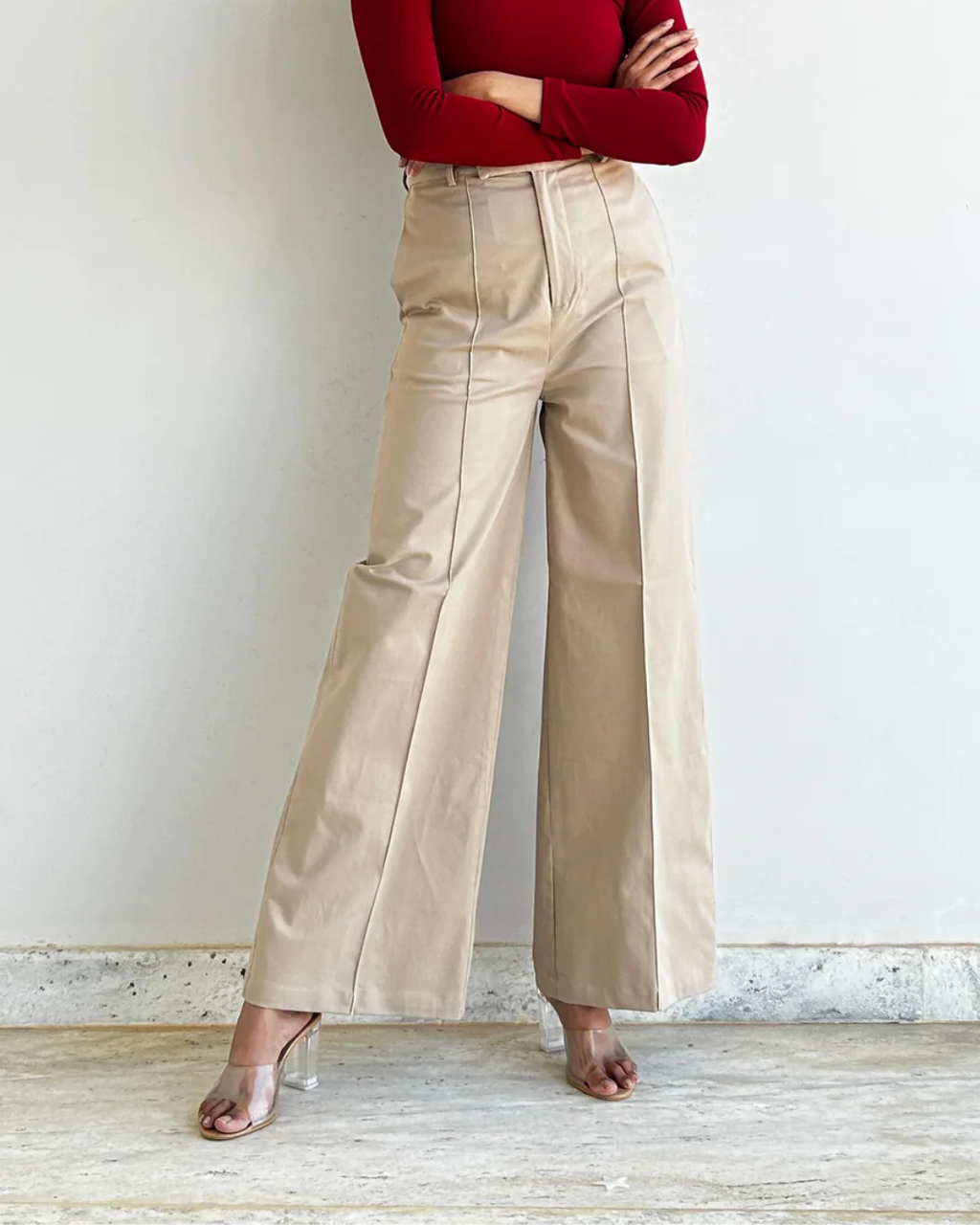 Beige Wide Leg High Rise Trouser