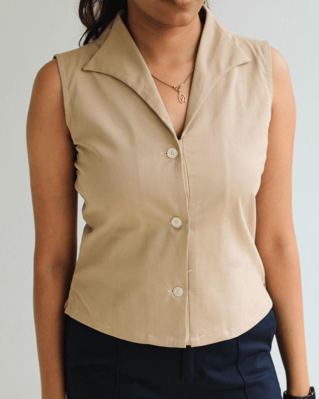 Beige Notch Collar Vest Top