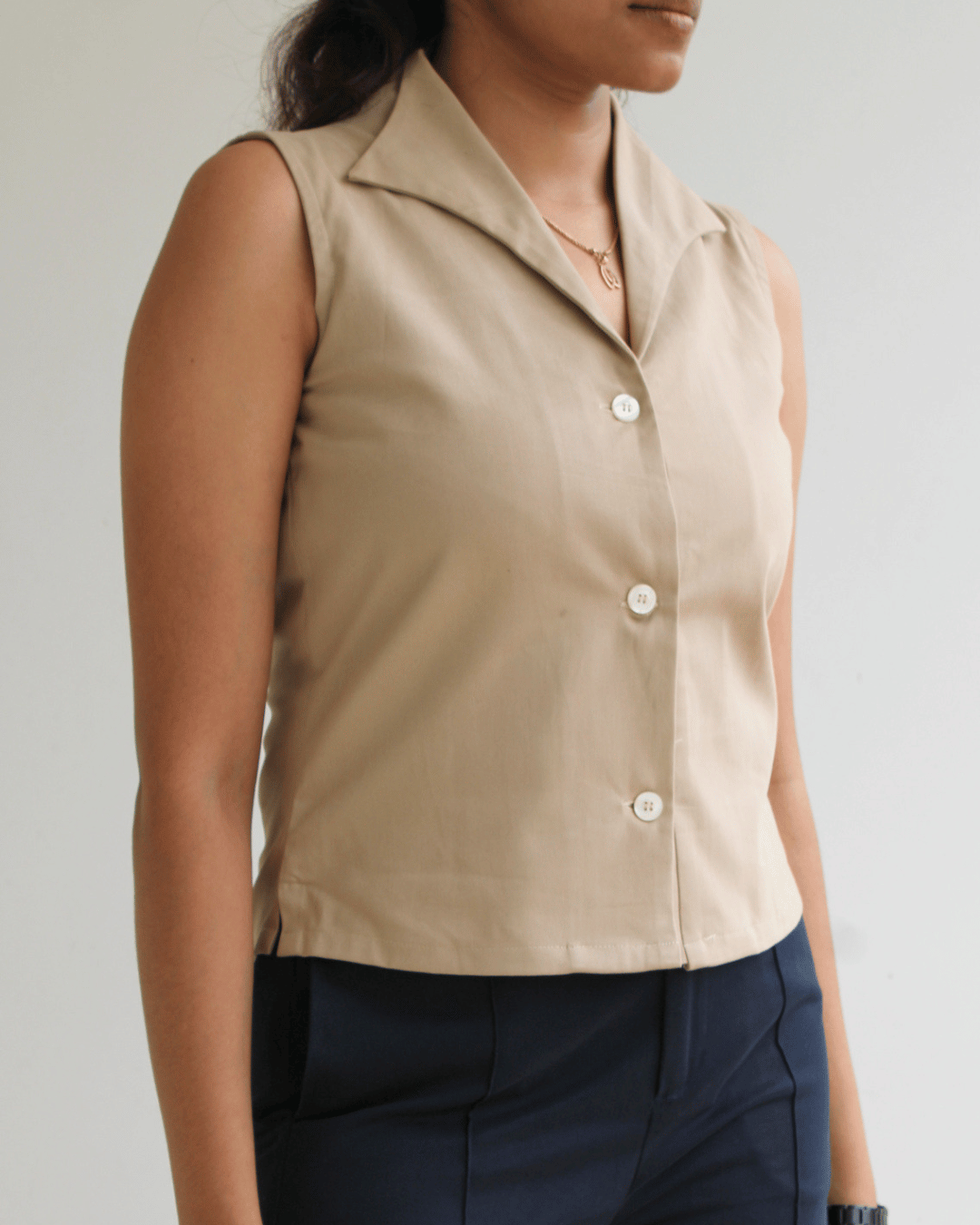 Beige Notch Collar Vest Top