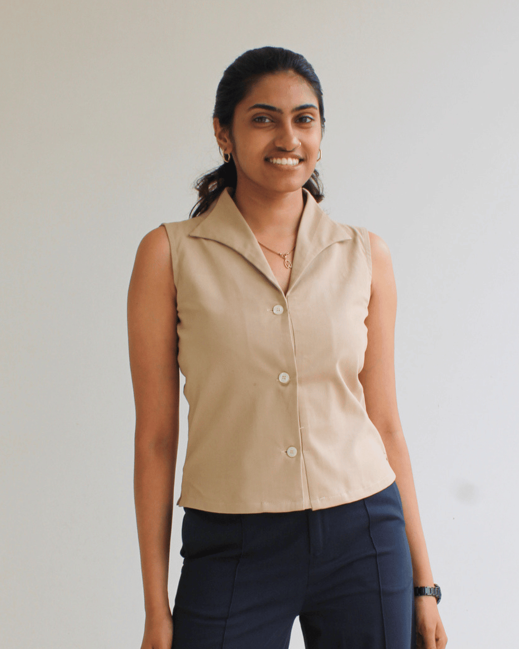 Beige Notch Collar Vest Top