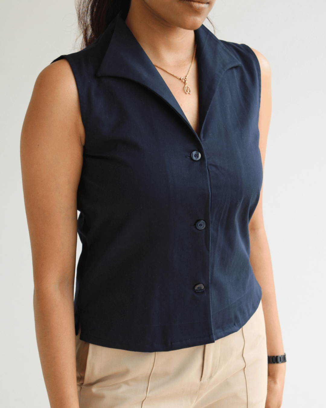 Navy Notch Collar Vest Top