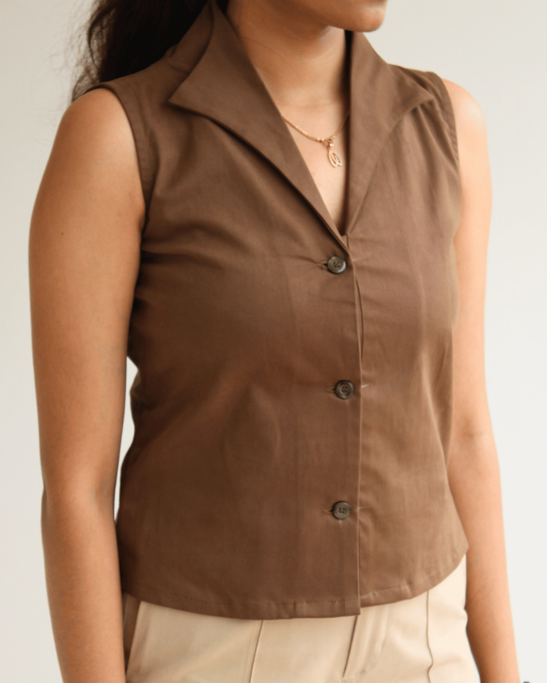 Brown Notch Collar Vest Top
