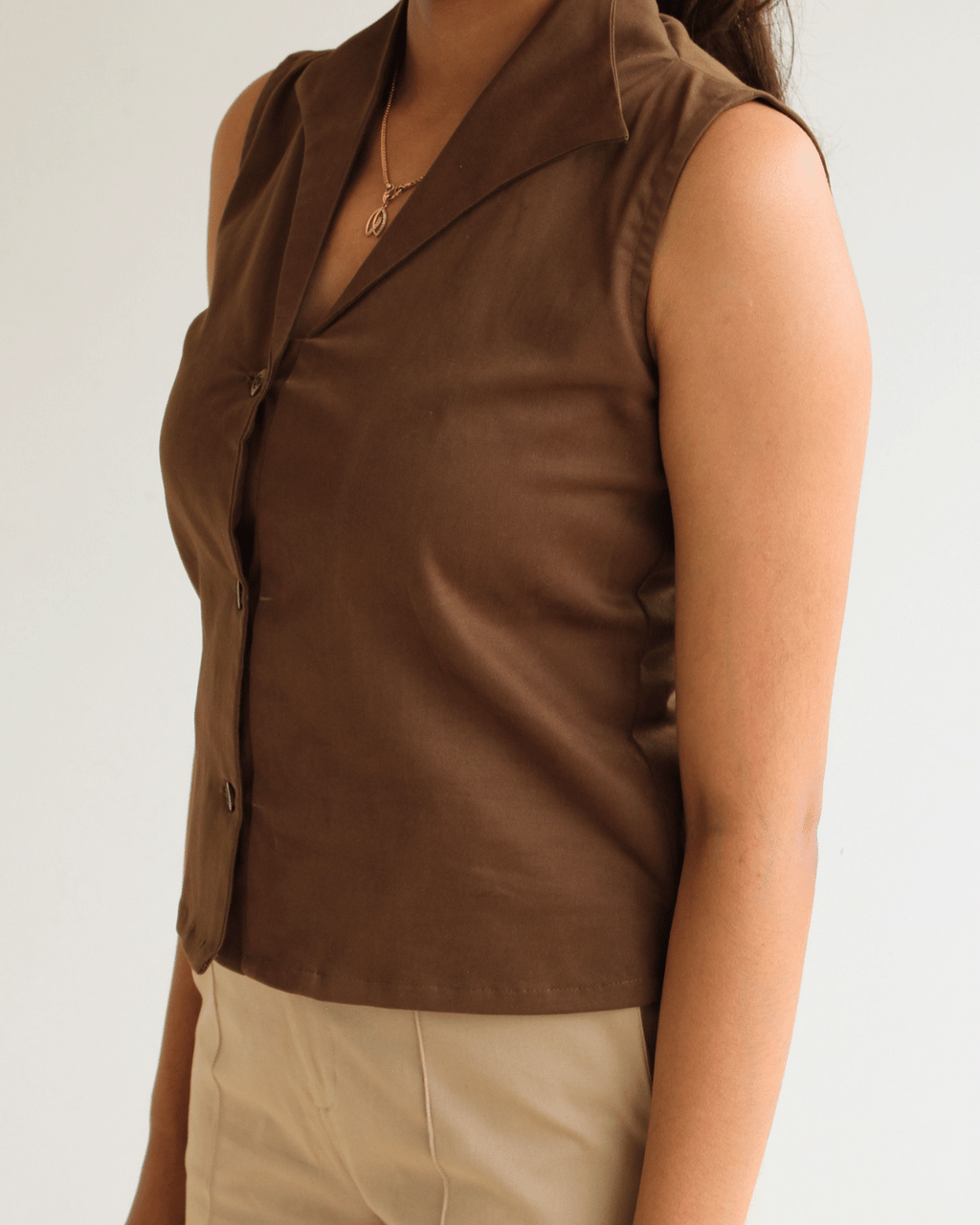 Brown Notch Collar Vest Top