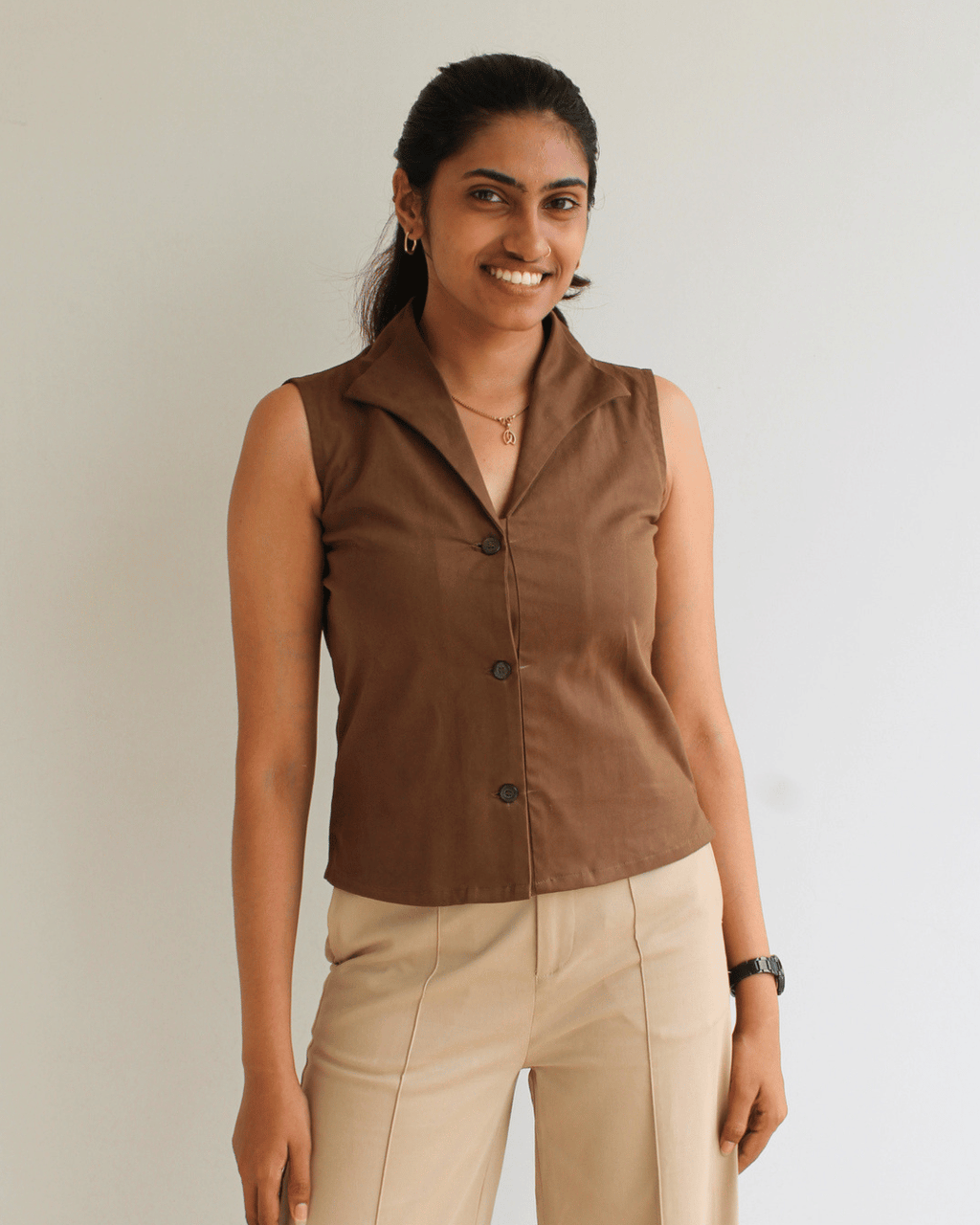 Brown Notch Collar Vest Top