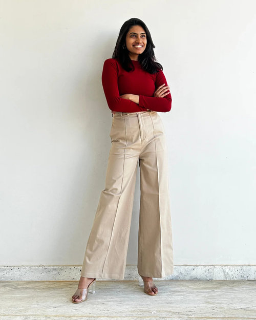 Beige Wide Leg High Rise Trouser