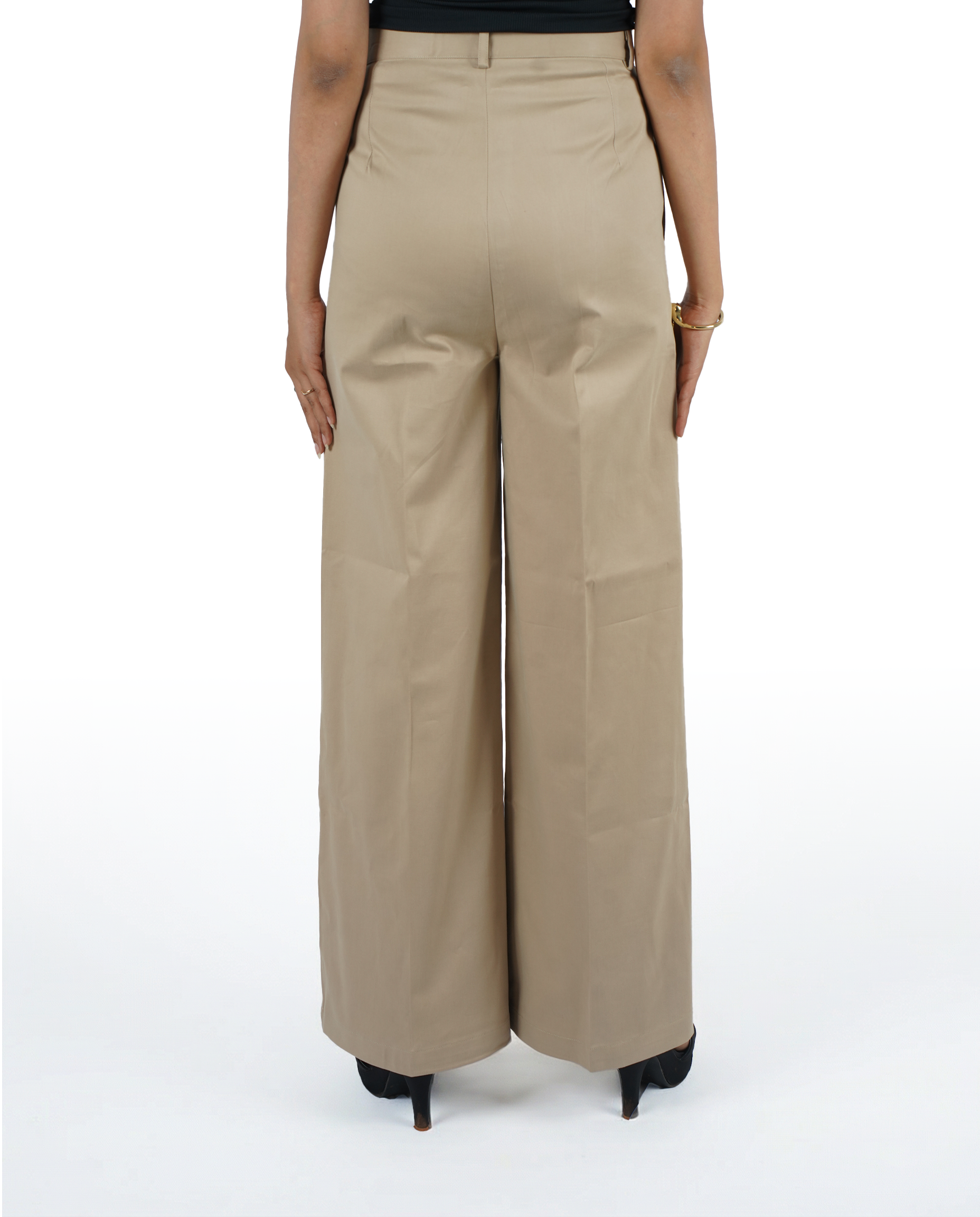 Beige wide leg high rise formal trouser for women - back view | Asqeu