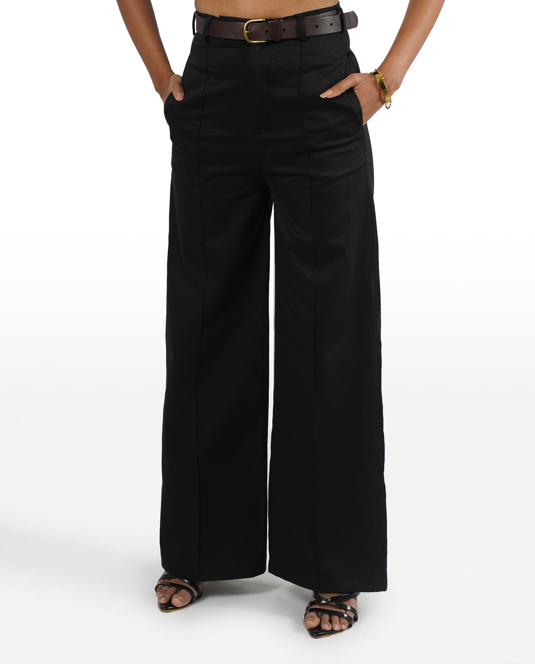 Black wide leg high rise formal trouser for women - front view | Asqeu