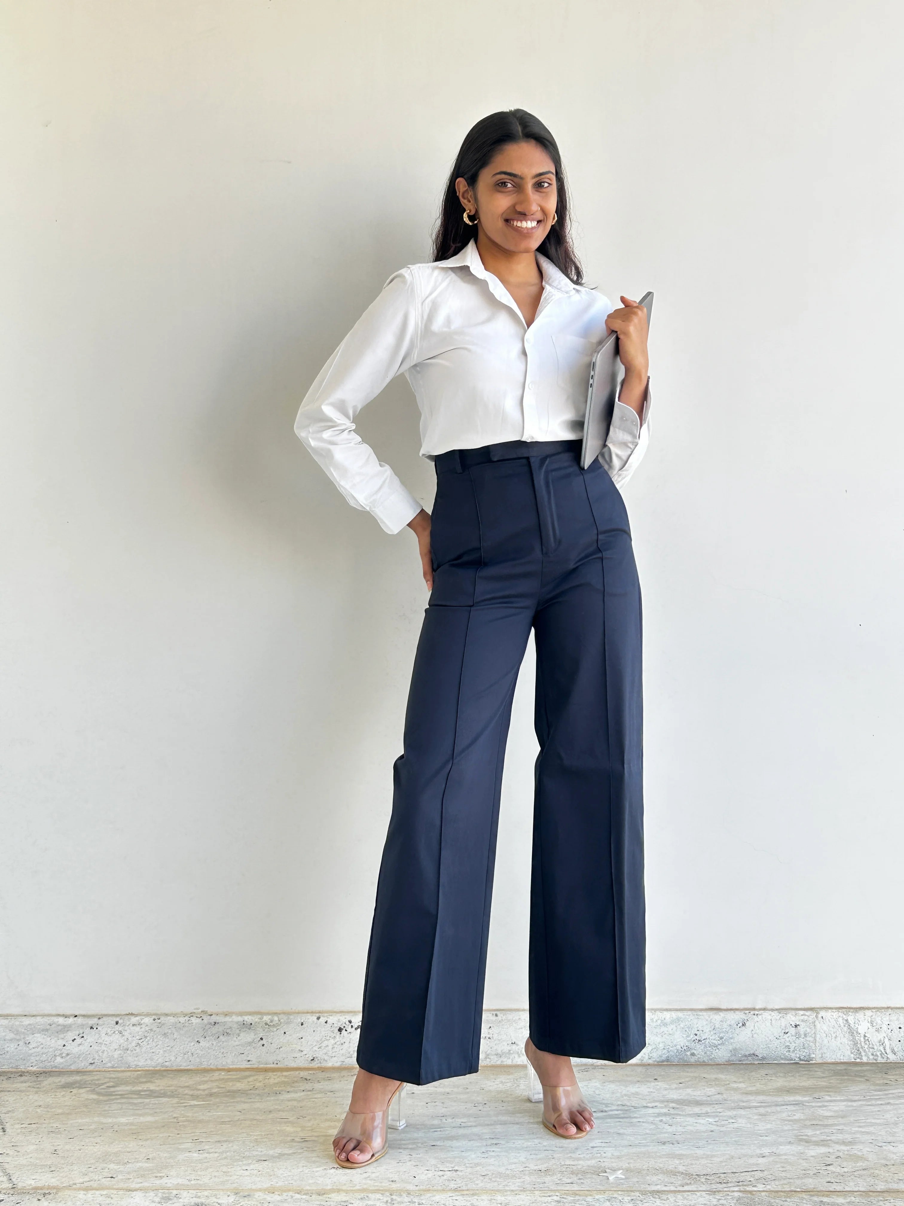 A woman wearing Blue wide leg high rise formal trouser | Blue Office pant | Asqeu