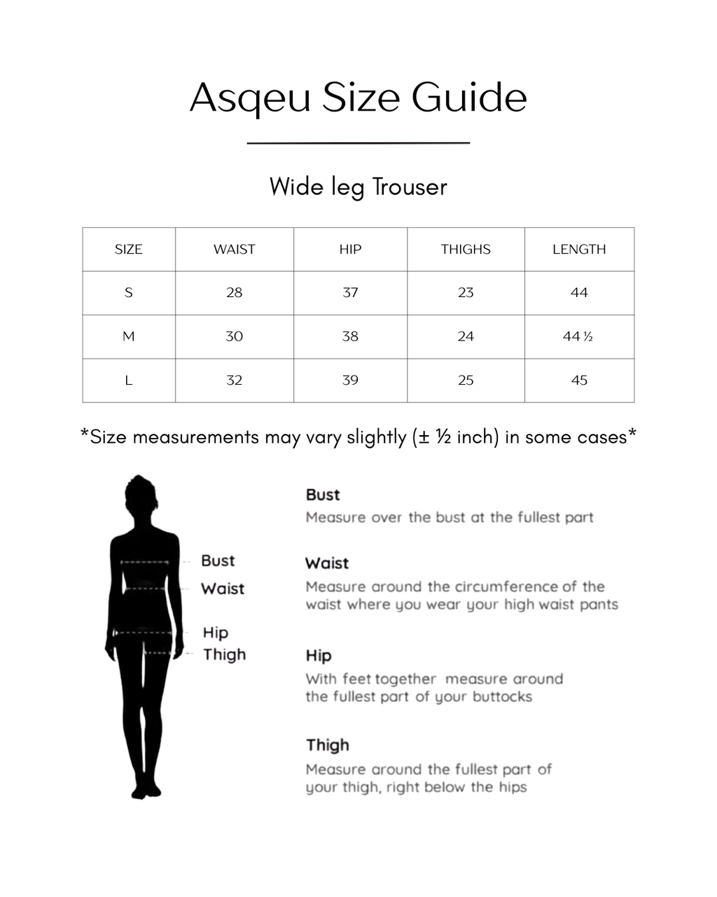 Asqeu size guide for wide leg trousers with measurements and a silhouette illustration.