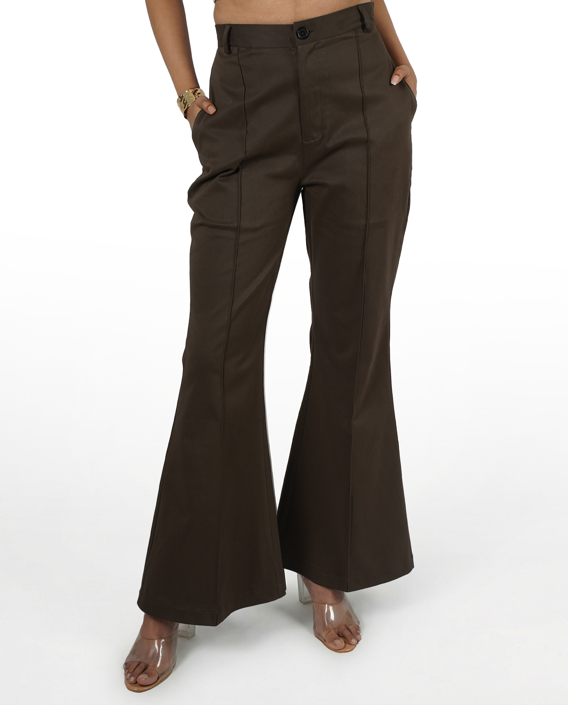 Brown bootcut high waist formal trouser for women - front view | Asqeu