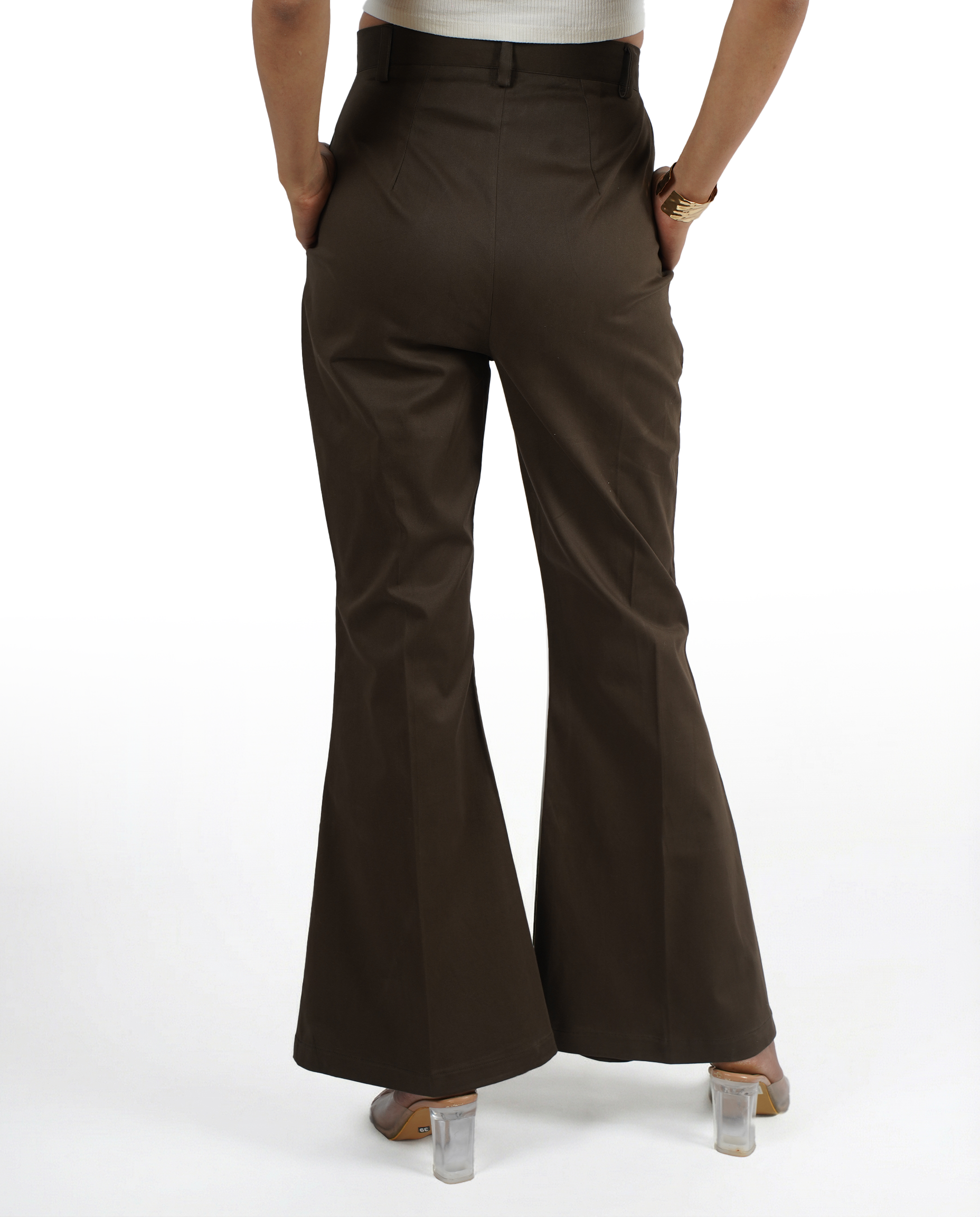 Brown bootcut high waist formal trouser for women - back view | Asqeu