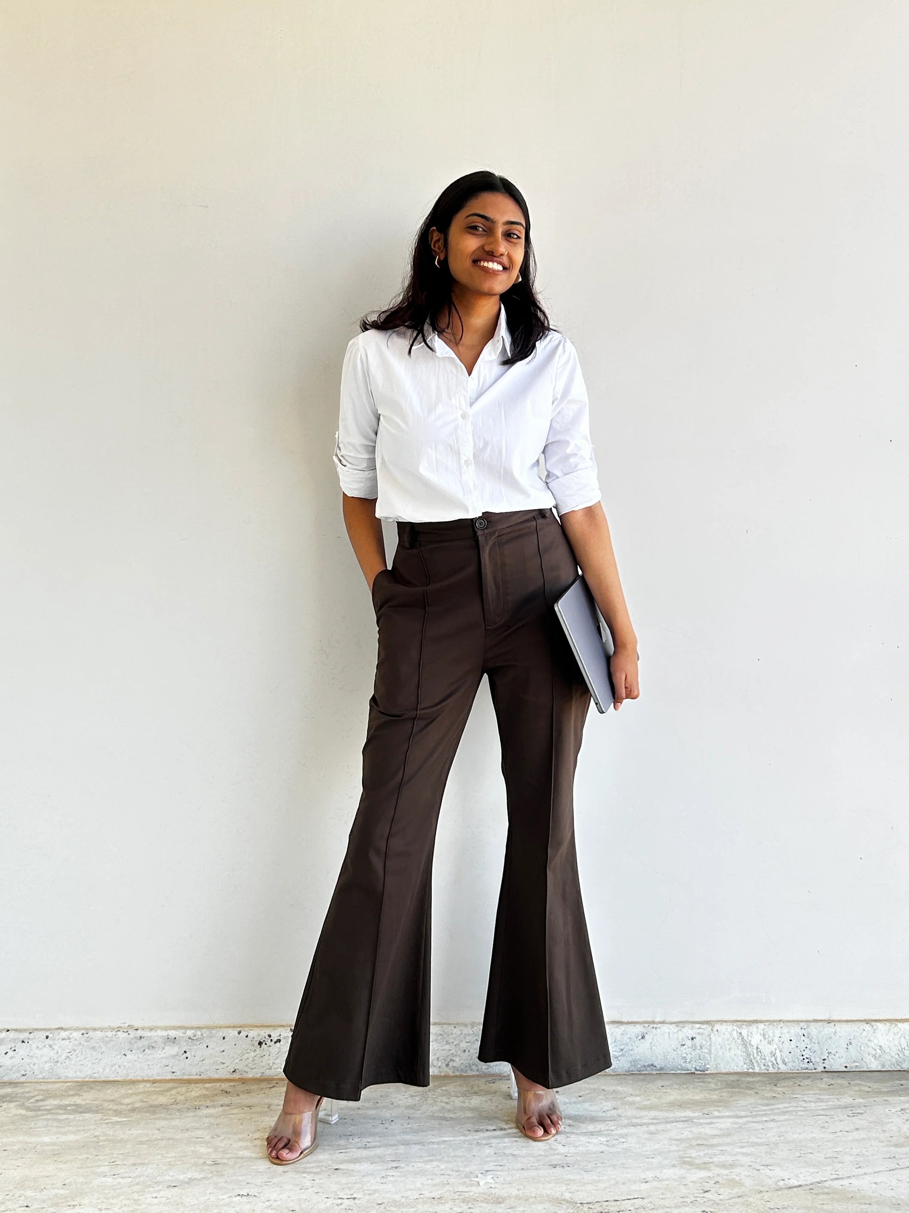 A woman wearing Brown bootcut high waist formal trouser | Brown office pant | Asqeu