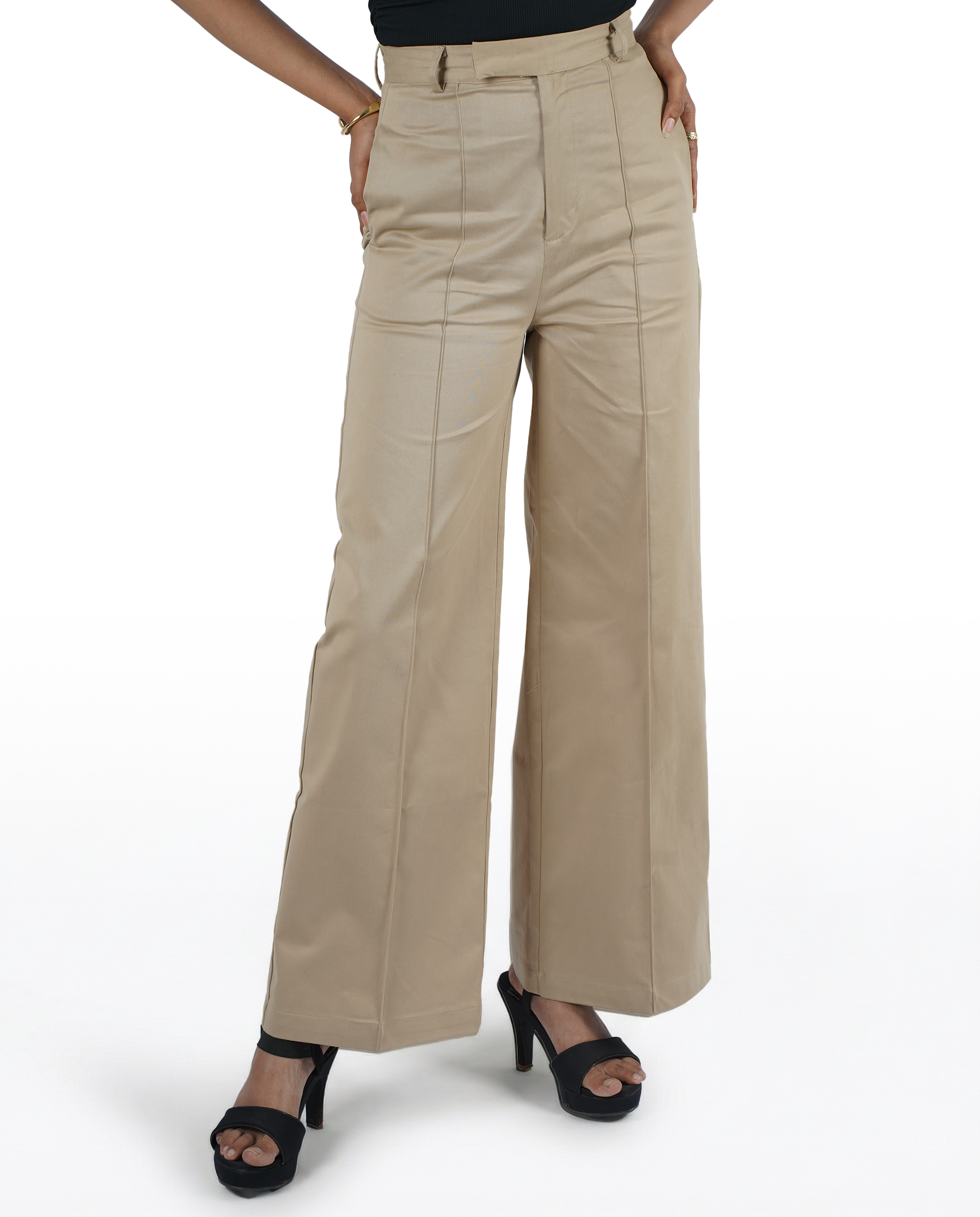 Beige wide leg high rise formal trouser for women - front view | Asqeu